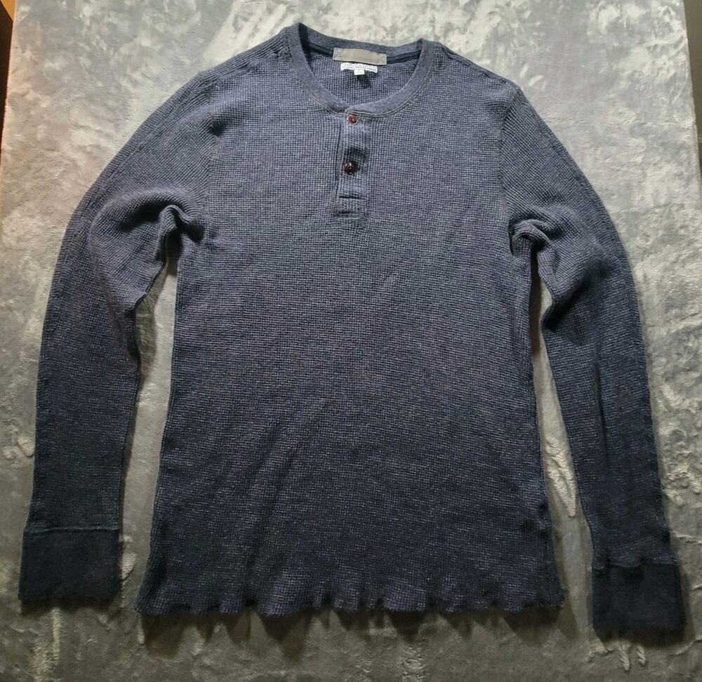 Wallace & Barnes Mens L Henley Waffle Knit Thermal Top Shirt Gray